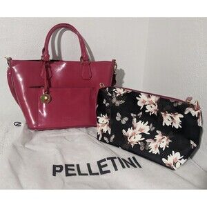 Pelletini Patent Pink Leather 2-in-1 Handbag Floral Two Shoulder Bags in One